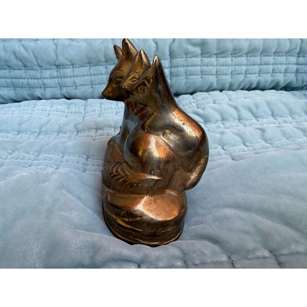 Vintage H.B. Product Cast Brass Fox Figurine Mother with Two Babies Kits Statue